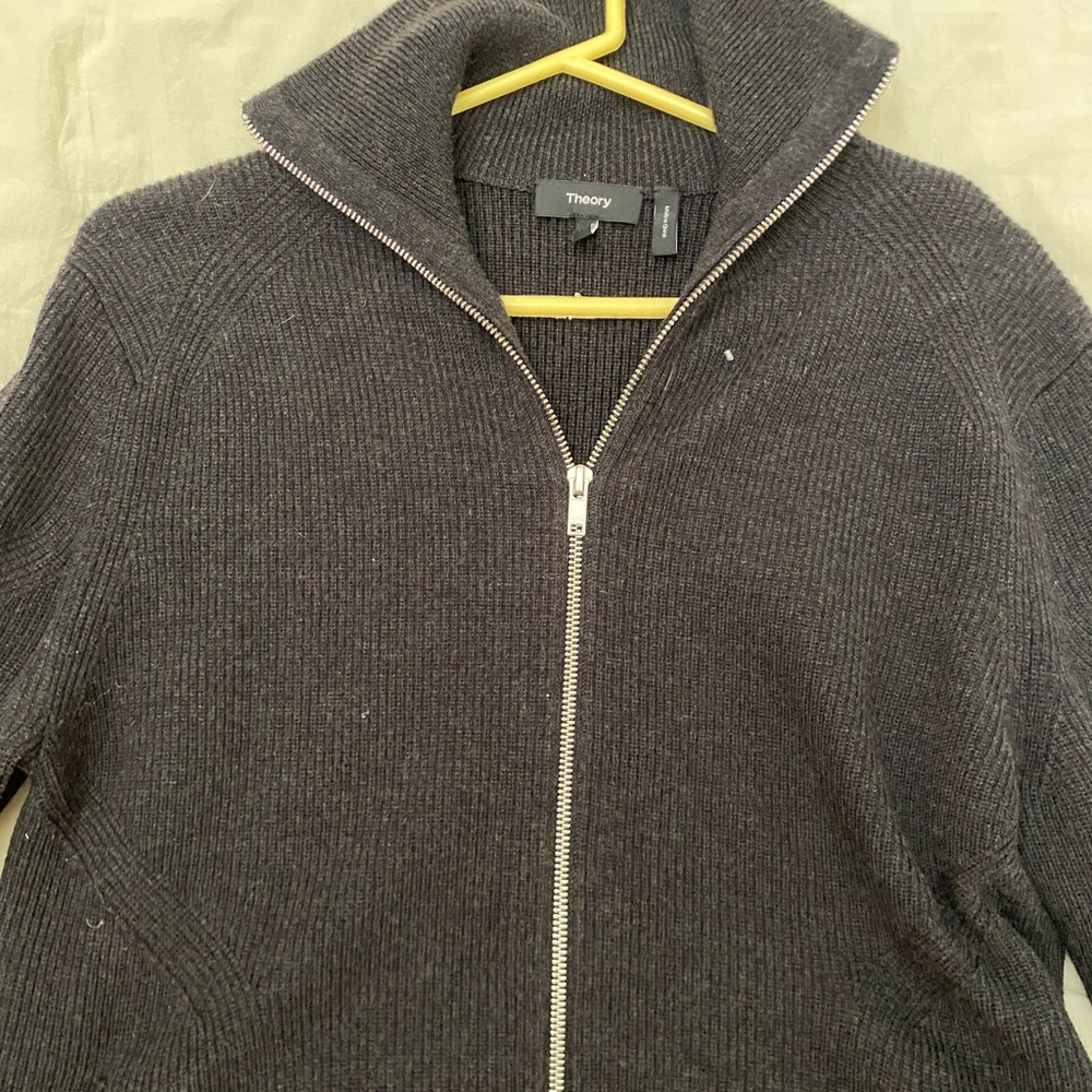 Theory Gray Zip Up Sweater with Ribbed Knit and Standing Collar